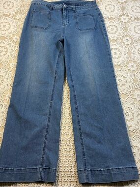 Y2K Wide Leg Denim Jeans Womens Sz 16 Blue High Rise Stretch Patch Pocket Flare